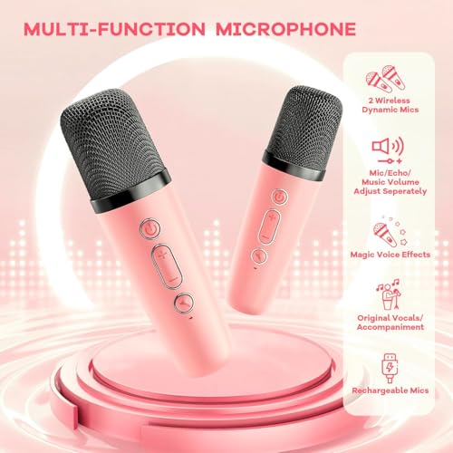 Image of YLL Mini Children's Karaoke Machine with 2 Microphones, Karaoke Gifts for Girls Age 3 4 5 6 7 8 9 10 12 + Years Old 4-12 Years Old Birthday Toy Easter Gift for Girls Boys (Pink)