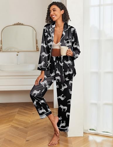 Image of Ekouaer Womens Satin Pajama Set Classic Pattern Silky Pj Sets Button Down Sleepwear Loungewear