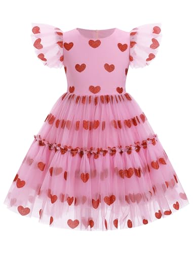 Valentines Day Dress for Girls Heart Print Birthday Party Tulle Princess Dress Ruffle Sleeve Pageant Tutu Dresses2