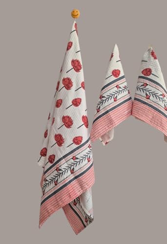 Image of Waffle Cotton Bath & Hand Towel, Hand Block Printed Towel for Bathroom, Quick Drying Towel for Men & Women, Eco Friendly Towel Daily use Towel Pack of 3 Pcs