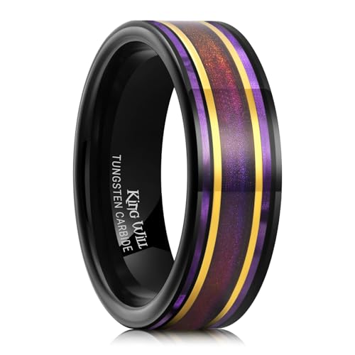 King Will Mens 8mm Black Wedding Band Pipe Cut Tungsten Carbide Rings Wood/Shell/Sand Inlay Unique Ring For Men Polished Flat Anniversary Rings Comfort Fit Size 7-12