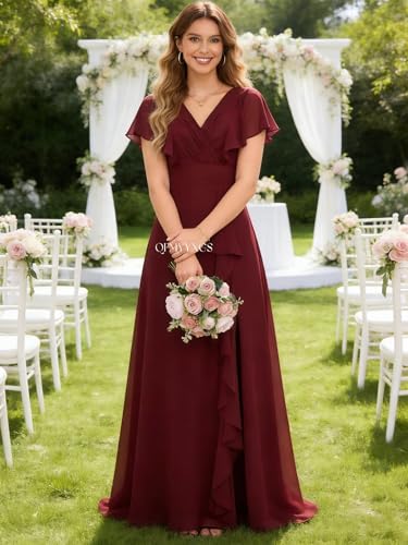 Image of Women's Ruffle Sleeve Bridesmaid Dresses for Women Long Ruffles Split Chiffon Formal Evening Dress with Pockets