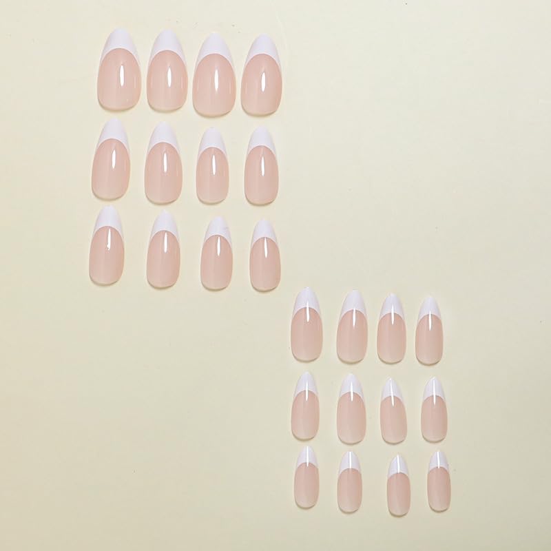 Miniatura 4 de Uñas postizas a presión con punta francesa, uñas postizas de almendra rosa con diseños franceses, uñas adhesivas de longitud media, uñas acrílicas