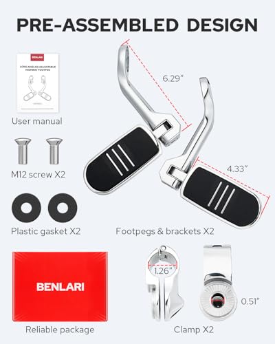 Image of Benlari Motorcycle Adjustable Highway Footpegs Style 1 Chrome Long Angled Fit for Harley Touring Street Glide Softail Dyna Sportster fits 1 inch(25mm) 1-1 /4 inch(32mm) Engine Guard