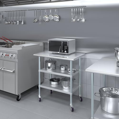 Image of AmGood Stainless Steel Work Table with 2 Shelves and Casters | Metal Utility Table On Wheels (Stainless Steel Work Table with 2 Shelves + Casters, 36 inch Long x 24 inch Deep)