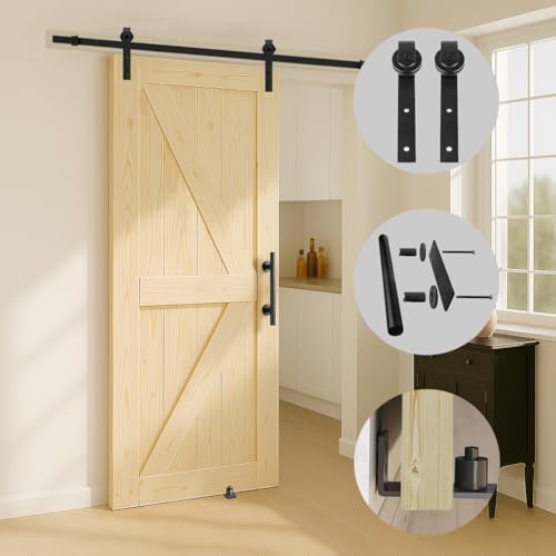 Image of S&Z TOPHAND 42in x 84in Unfinished British Brace Knotty Barn Door with Sliding Hardware Kit /Solid Wood /Sliding Door /Double Surfaces /A Simple Assembly is Required