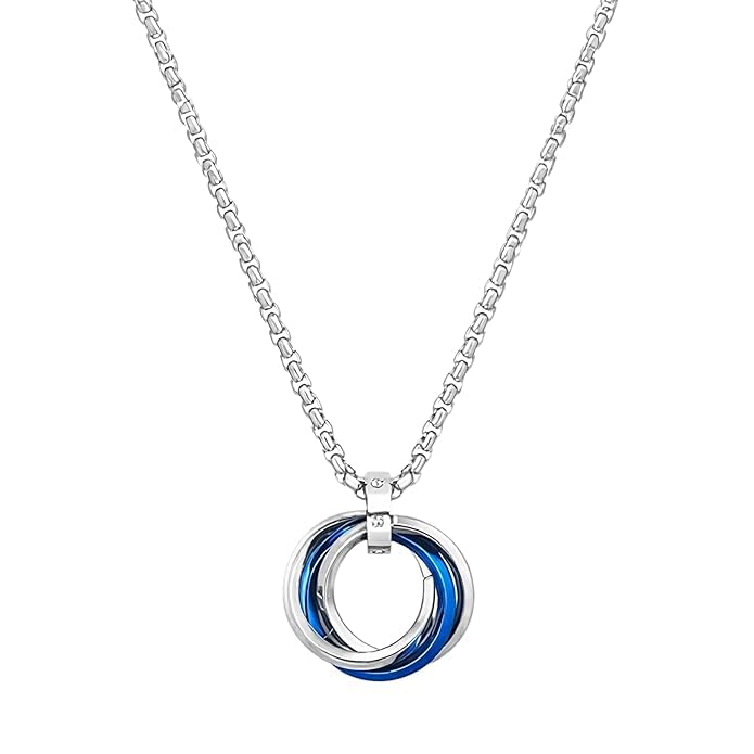 Men's Stainless Steel Double Ring Pendant Necklace, Silver and Blue, Box Chain, Anti Tarnish, No Fade-image-27