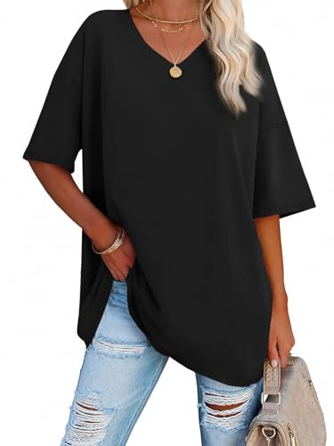 iudam Oversize T Shirt Damen mit V-Ausschnitt Sommer Longshirt Kurzarm...