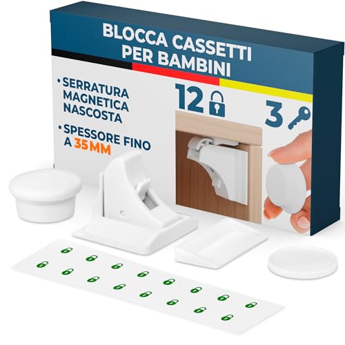 Hoffenbach Blocca Cassetti per Bambini, 12 Serrature + 3 Chiavi, Chiusura Magnetica per Cassetti e Ante, Sicurezza Mobili per Bambini – Bianco