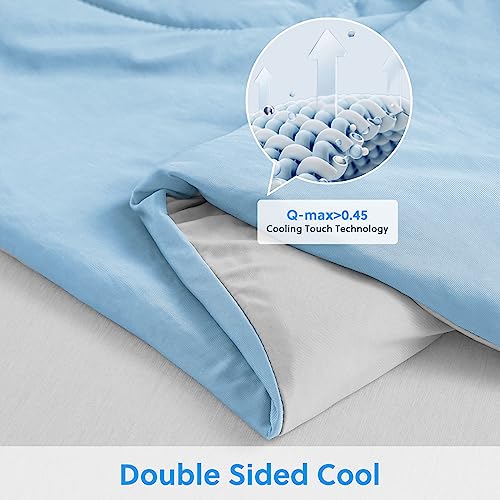HOMFINE Cooling Comforter Japanese Double-Sided Cold Tech Fabric Cooling Blanket for Night Sweats Hot Sleepers, Q-Max 0.45 Soft Breathable Silky Smooth Lightweight, Blue Summer Comforter Twin
