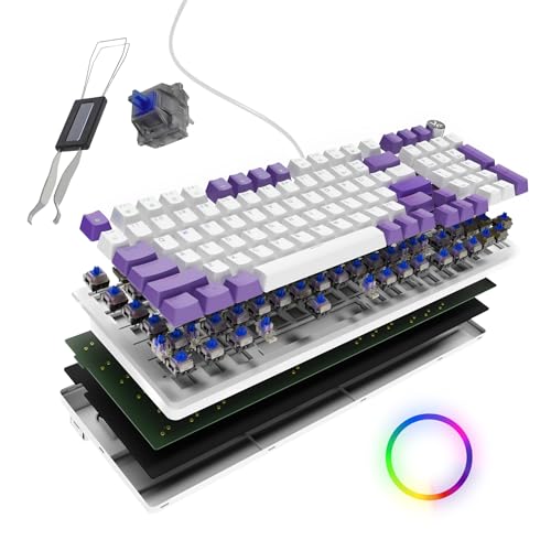 Image of Kreo Hive Wired Full Size RGB Backlight Gaming Mechanical Keyboard, Customizable RGB, Mechanical Switches, NKRO, Metal Volume Knob, 5-Pin Hot Swap (White-Purple, Blue Switch)