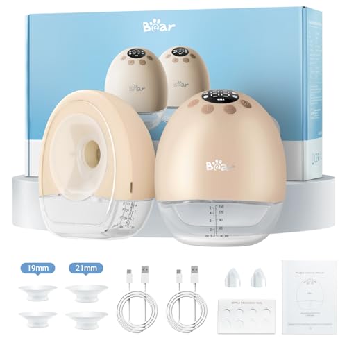 Image of Bear Breast Pump Hands Free, Wearable Breastfeeding Pumps Strong Suction Low Noise, 4 Modes& 9 Levels Electric Breast Pump Portable, 19/21/24mm Insert Flange, 2 Packs