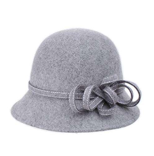 YSJOY Vintage 100% Wool Two Tone Flower Belt Winter Hat Derby Hat Church Cocktail Party Hat Bucket Caps Fedora Hat Grey