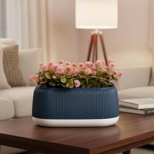 Image of amazon basics Pink Flowers with Blue and White Plastic Pot | Realistic 20 cm Greenery | Durable Plastic | Stylish & Compact | Zero Maintenance | Indoor, Outdoor, Home & Office Decor