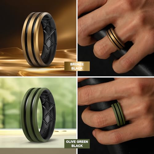 Egnaro Silicone Ring for Him with 2 Layers, Multicolor Rubber Wedding Bands with Air Flow Grooves-1/4/6/7 Variety Multipack3