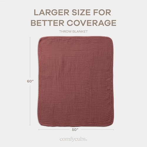 Image of Comfy Cubs Muslin Throw Blanket - 50 inch x 60 inch Quilted Design - Lightweight, Breathable 6-Layer Gauze Fabric - Soft Cotton Blanket for Home or Travel - Packaged in Elegant Gift Box - Wine