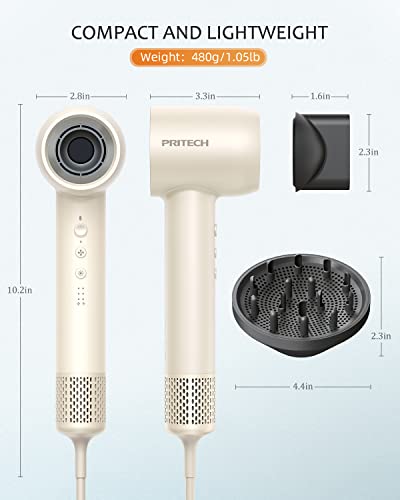 Pritech High Speed Hair Dryer 1600W Ionic Blow Dryer Of 110,000 Rpm Brushless Motor With Diffuser For Curly Hair,Professional Hairdryer With Led Display,5 Temps & 3 Speeds (White) #TOP1