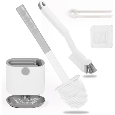 Silicone Toilet Brushes and Holder Sets with Bathroom Cleaning Brush and Clip,Flat Toilet Brush with Holder Set and Draining Base Cover