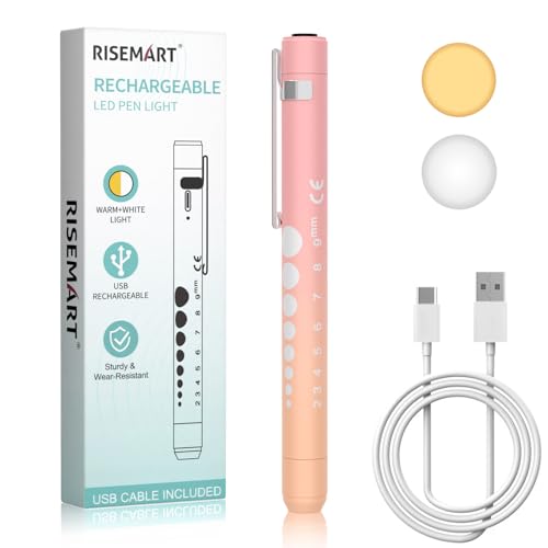 RISEMART Pupillenleuchte Diagnostikleuchte mit Pupillenmessgerät und Lineal Warmes/Kühles Weiß Aufladbar USB LED Stiftlampe für Krankenschwester Studentische Ärzte Pen Light(Farbverlauf rosa orange)