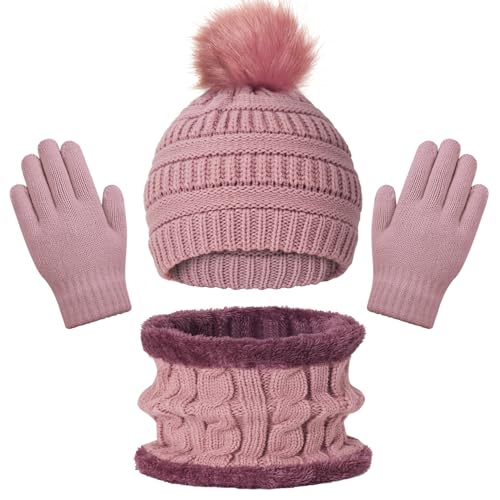 Image of Kids Winter Beanie Hat Scarf Gloves Set for 3-8 Years Old Boys Girls, Thick Warm Knitted Hat Gloves Fleece Lined Scarf Set