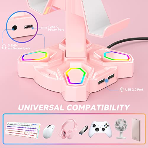 image for KDD RGB Headphone Stand with 9 Light Modes - Rotatable Pink Game Heads