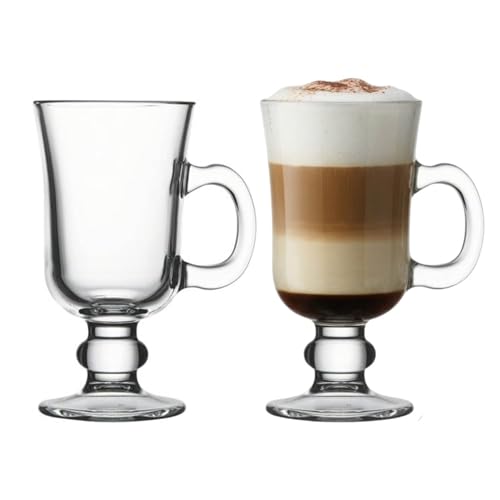 UNIQUE HOME LIVING Irish Coffee Glasses Set of 2 Latte Glasses 200ml Coffee Mugs with Handle Footed Design for Ice Cream Latte Cappuccino Hot Drinks Chocolate Espresso Cocktails