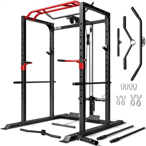 JELENS S11 Power Cage, 2000LB Multi-Function Power Rack with LAT Pulldown, Squat Rack with Adjustable Pulley System and Training Attachments, Weight Rack for Home Gym