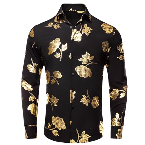 Hi-Tie Mens Hipstar Gold Paisely Floral 3D Printed Dress Shirts Shiny Long Sleeve Button Down Party Disco Performing3