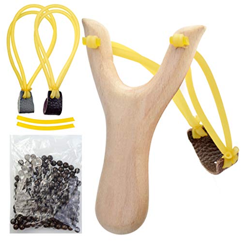 tiggell Wooden Slingshot Toys Outdoor Hunting Sling Shot with Rubber Band + 2 Spare Rubber Band + 200g Mud Balls for Catapult Game for Sports Camping Shooting Hiking