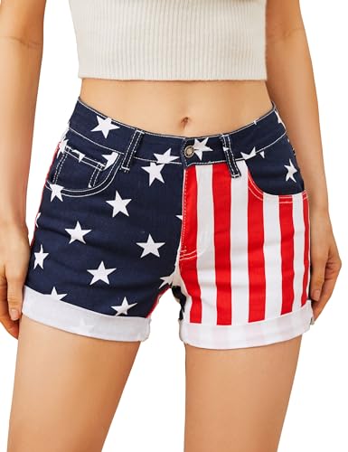 YXLUOKY Jean Shorts Womens American Flag Jorts 4' Stretchy Denim Shorts(Red White and Blue,8)