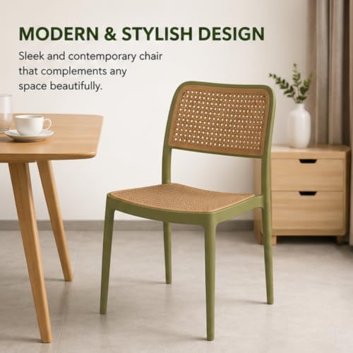 Image of NARSA Modern Rattan Style Dining Chair for Home & Cafe | Cane Pattern Plastic Chair with Ergonomic Backrest | Lightweight & Durable Indoor Outdoor Seating Chair (Green, Armless, Set of 1)