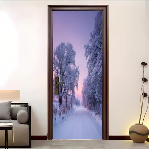 Autoadhesivo Pegatinas Para Puertas 83x204 cm Escena Nevada Del Bosque Invernal Pegatinas Impermeables, Lavanda 3D Vinilos Pegatina para Puertas DecoracióN Del Hogar BañO u Oficina