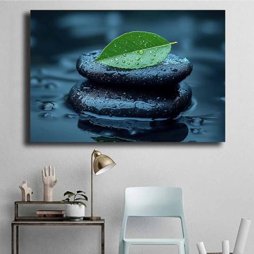 Goutte d'eau feuille & pierre noire tableau murale horizontal vert - 4