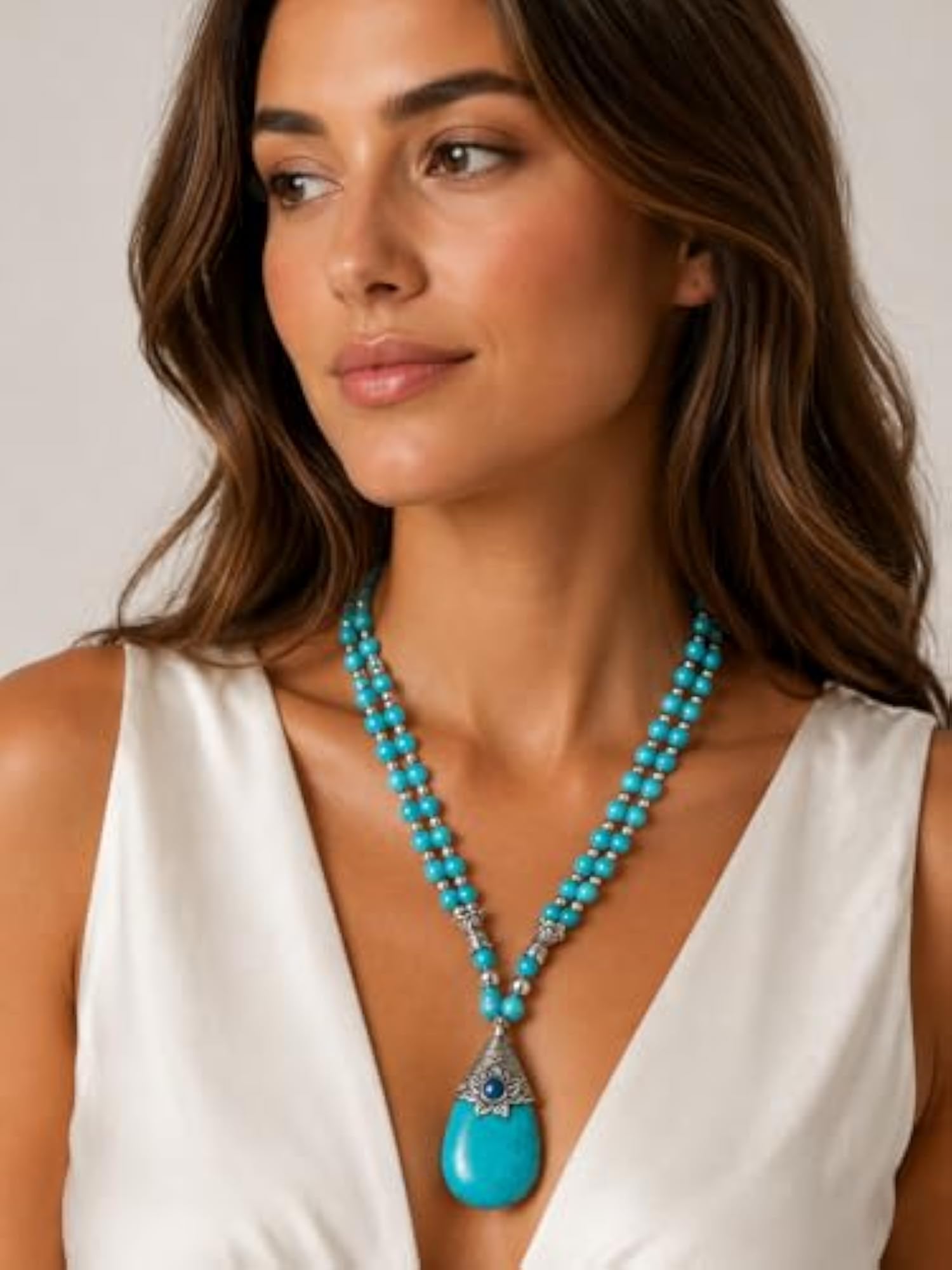Women's Turquoise Beaded Long Necklace with Oxidised Silver Tone Pendant