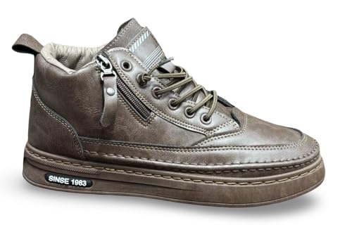 Image of High-Top Leather Sneakers, Lace-Up Casual Boots with Padded Collar, Herringbone Sole Pattern