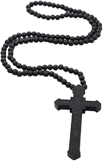 Religious Wooden Cross Large Big Jesus Crucifix Pendant Natural Wood Natural Rosary Colorful Beads Chain Necklace Christian Prayer Baptism Jewelry Easter Gift For Men Women