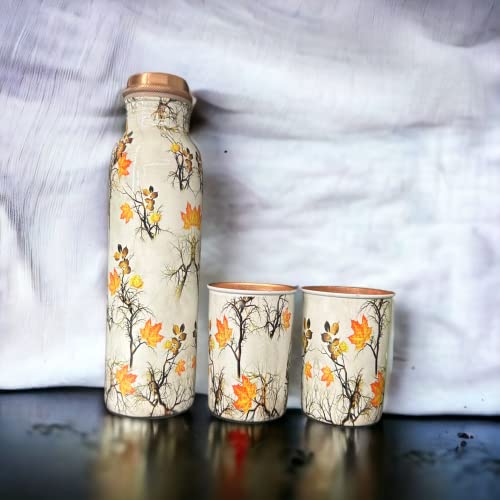 Image of Copper Water Bottle 1 Ltr | Copper Water Bottle with Glass Set | Meena Work | 100% Pure | Leak-Proof | 2 Water Glass 300ml each | Best for Gifting ((Meena Worked - Leaf Design - 1))