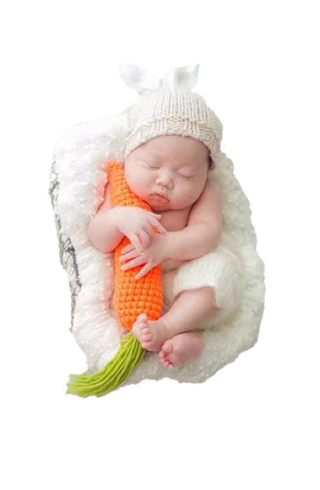 Newborn Baby Girl/Boy Crochet Knit Costume Photography Prop Hats and Outfits (Carrot Loving White Bunny)