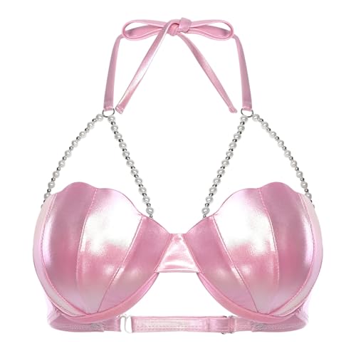 Lpdshaa Women's Shiny Halter Neck Mermaid Bra Top with Pearl Chains Sea Shell Mermaid Role Play Bras Light Pink Large
