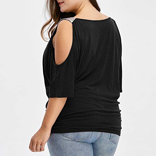 Women\'s Plus Size Sequin Strap Splicing Cold Shoulder Tunic Top Short Sleeve V Neck Basic T Shirts Blouse Pullovers Black - Thumbnail 2