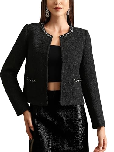 M.Infisavo Womens Sequin Crew Neck Tweed Jackets Blazer Party Business Casual Hooking Closure Outfit - Main Image