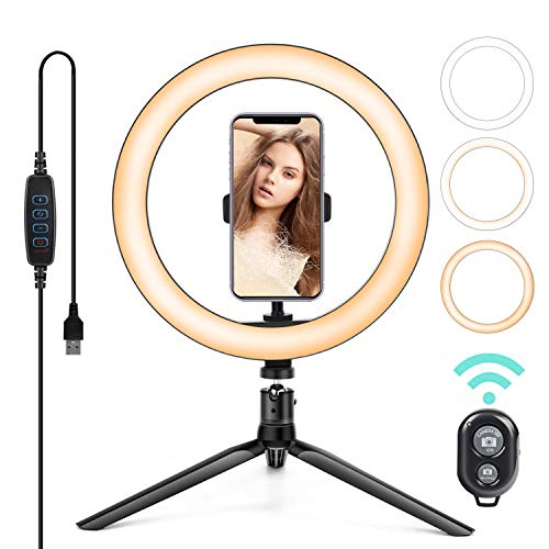 Kemier Luz de Anillo LED 10" fotográfica de Escritorio, 3 Colores 10 Brillos Regulables Control Remoto Bluetooth, Trípode con Soporte Giratorio de teléfono para Selfie, Maquillaje, Youtube, TIK Tok