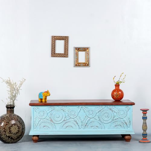 Image of Revia Wooden Trunk Box for Storage | Solid Wood Coffee Table for Living Room | Handcrafted Center Tea Table with Sandook Storage for Living Room | Pitara for Home and Bedroom (Blue Distress)