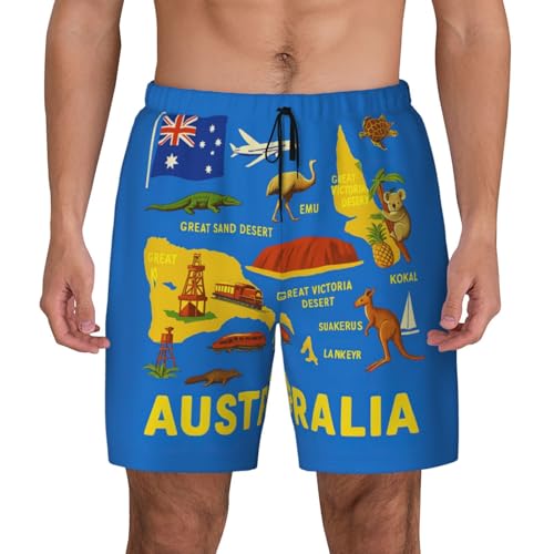 Australia Map Icons Print Men Stylish Functionality Swim Trunks Breathable Beach Shorts Surfing Gym Fishing