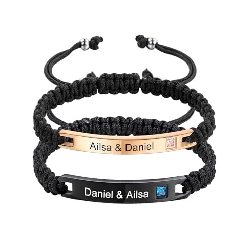 MeMeDIY Personalized Bracelet Matching Bracelets for Couples Engraved Name Text Date Adjustable Handmade Braided Rope Bracelet Stainless Steel Tag Jewelry Gift for Girlfriend