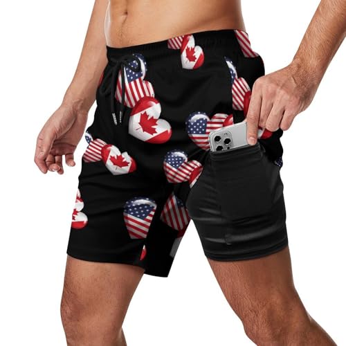 USA Canada Heart Country Flag American Canadian Mens Swim Trunks with Compression Liner Quick Dry Board Beach Shorts2