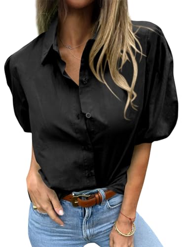 Image of Tankaneo Women's Button Down Shirts Short Puff Sleeve Collared Dressy Casual Blouse Tops