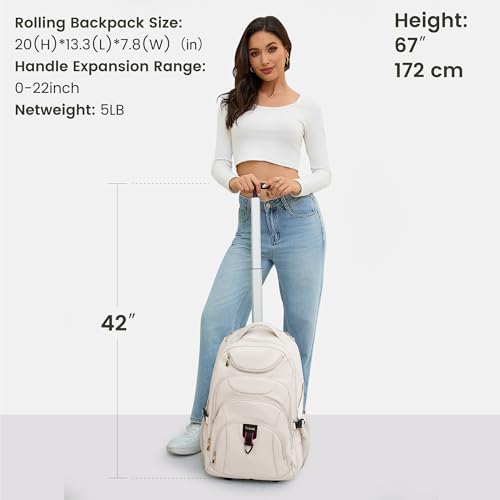 Boavan Rolling Backpack for Women, 17.3 Inch Wheeled Laptop Backpack,Large Travel Carry-On Bag for Teachers College Students, USB Charging Port Waterproof Business for Airplane Overnight Luggage,Beige - Image 5