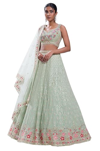 TRENDMALLS Women \'s LightGreen Georgette Embroidery Sequence Work Lehenga Choli with Dupatta For Women Ready to wear (L258-Pista-L)