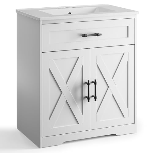 Amada 30″ Bathroom Vanity with Ceramic Sink, Farmhouse Undermount Vanity Sink Cabinet with 2 Doors and 1 Drawer, Free Standing Bathroom Cabinet with Sink Combo Set, White